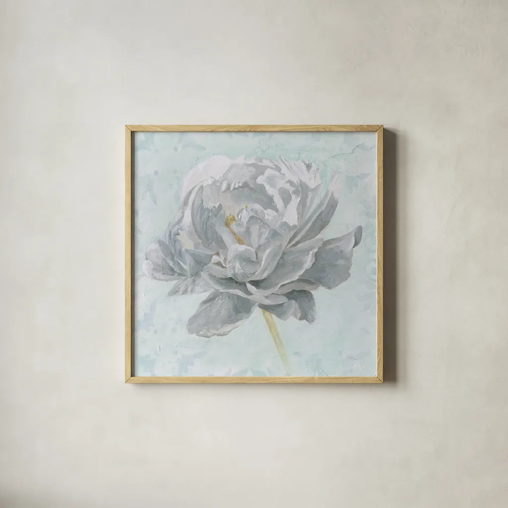 Sublime Peony II by Wellington Studio. Shown in a natural wood glass frame for a timeless modern aesthetic. Available as an archival giclee rolled canvas, fine art paper, or poster print. SKU 88747a.