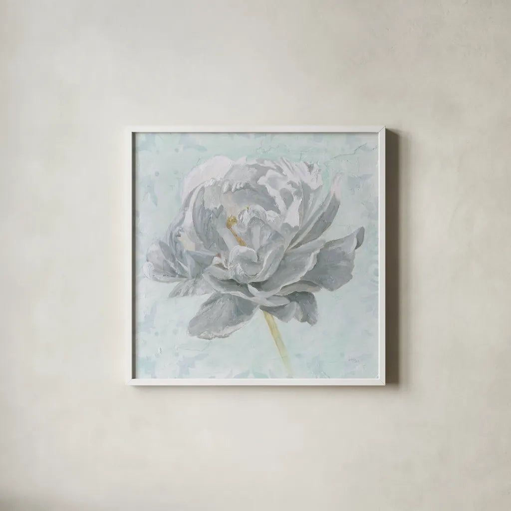 Sublime Peony II by Wellington Studio. Shown in a crisp white glass frame for a clean and minimalist style. Available as an archival giclee rolled canvas, fine art paper, or poster print. SKU 88747a.