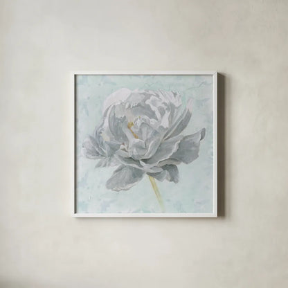 Sublime Peony II by Wellington Studio. Shown in a crisp white glass frame for a clean and minimalist style. Available as an archival giclee rolled canvas, fine art paper, or poster print. SKU 88747a.