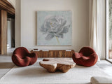Sublime Peony II by Wellington Studio. Shown as extra-large giant wall art in a modern living room. Available as an archival giclee rolled canvas, fine art paper, or poster print. SKU 88747a.