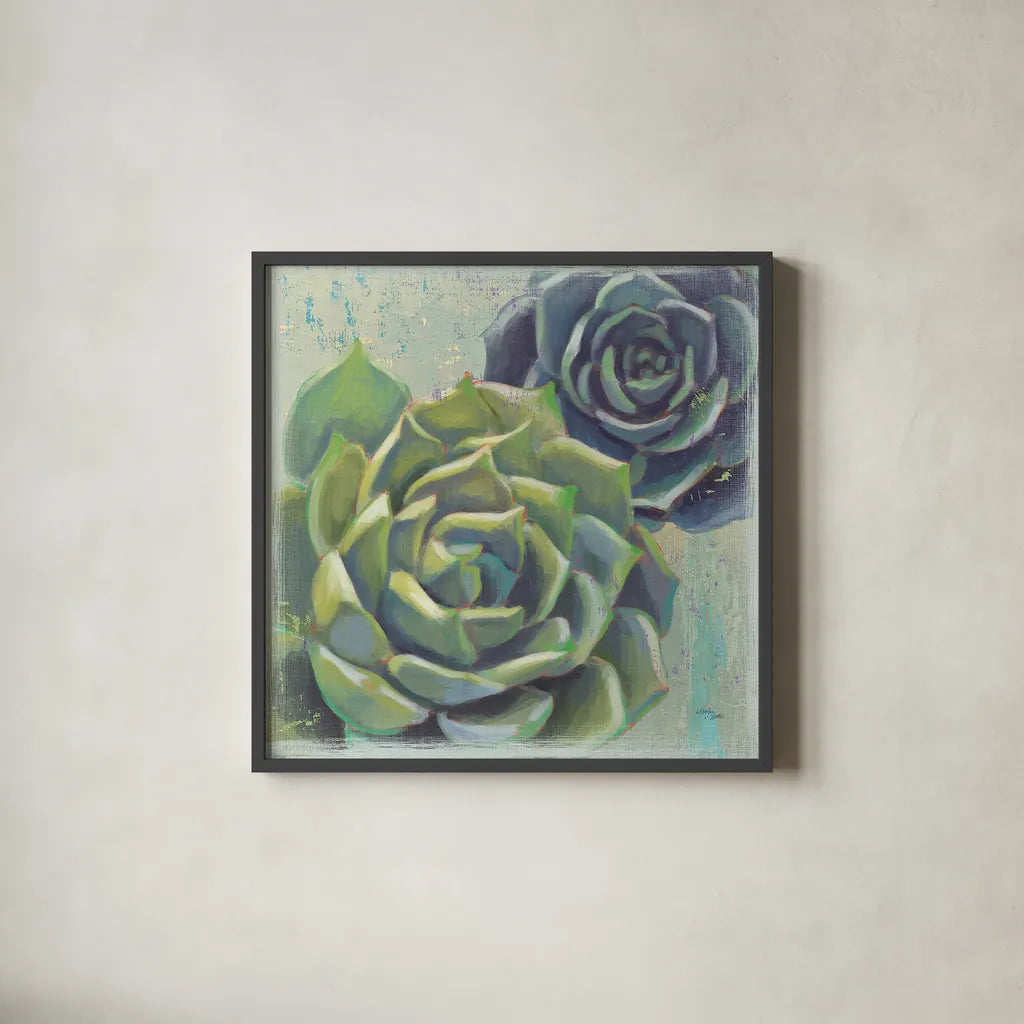 Succulents I by Wellington Studio. Shown in a sleek black glass frame for a contemporary gallery look. Available as an archival giclee rolled canvas, fine art paper, or poster print. SKU 18137a.