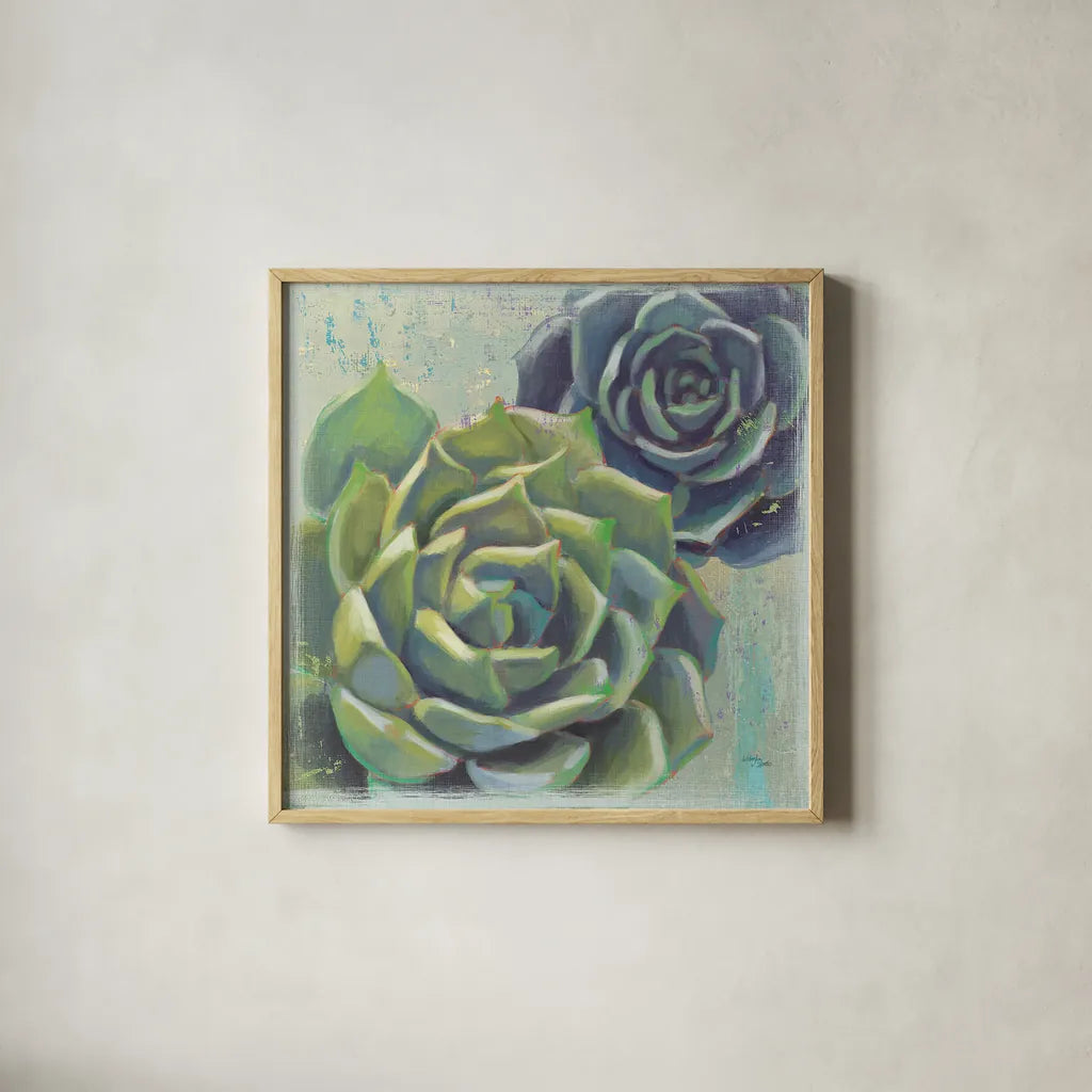 Succulents I by Wellington Studio. Shown in a natural wood glass frame for a timeless modern aesthetic. Available as an archival giclee rolled canvas, fine art paper, or poster print. SKU 18137a.