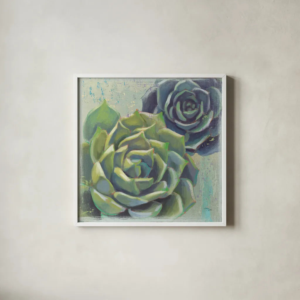 Succulents I by Wellington Studio. Shown in a crisp white glass frame for a clean and minimalist style. Available as an archival giclee rolled canvas, fine art paper, or poster print. SKU 18137a.