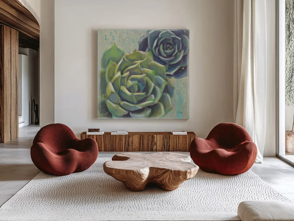 Succulents I by Wellington Studio. Shown as extra-large giant wall art in a modern living room. Available as an archival giclee rolled canvas, fine art paper, or poster print. SKU 18137a.