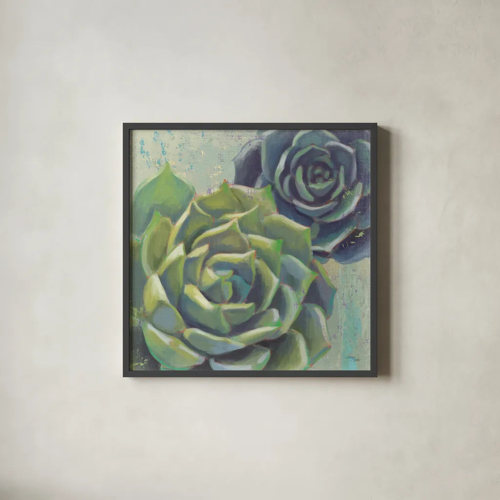 Succulents I Crop by Wellington Studio. Shown in a sleek black glass frame for a contemporary gallery look. Available as an archival giclee rolled canvas, fine art paper, or poster print. SKU 45212a.