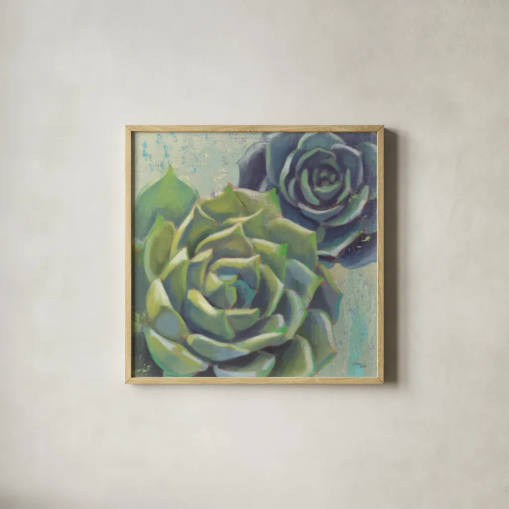 Succulents I Crop by Wellington Studio. Shown in a natural wood glass frame for a timeless modern aesthetic. Available as an archival giclee rolled canvas, fine art paper, or poster print. SKU 45212a.