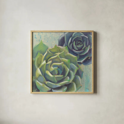 Succulents I Crop by Wellington Studio. Shown in a natural wood glass frame for a timeless modern aesthetic. Available as an archival giclee rolled canvas, fine art paper, or poster print. SKU 45212a.
