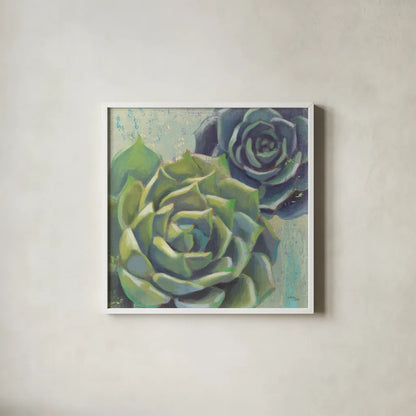 Succulents I Crop by Wellington Studio. Shown in a crisp white glass frame for a clean and minimalist style. Available as an archival giclee rolled canvas, fine art paper, or poster print. SKU 45212a.