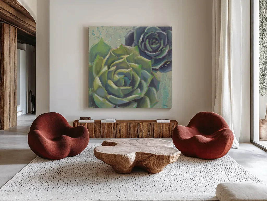 Succulents I Crop by Wellington Studio. Shown as extra-large giant wall art in a modern living room. Available as an archival giclee rolled canvas, fine art paper, or poster print. SKU 45212a.