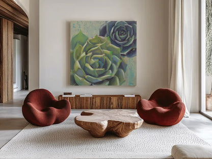 Succulents I Crop by Wellington Studio. Shown as extra-large giant wall art in a modern living room. Available as an archival giclee rolled canvas, fine art paper, or poster print. SKU 45212a.