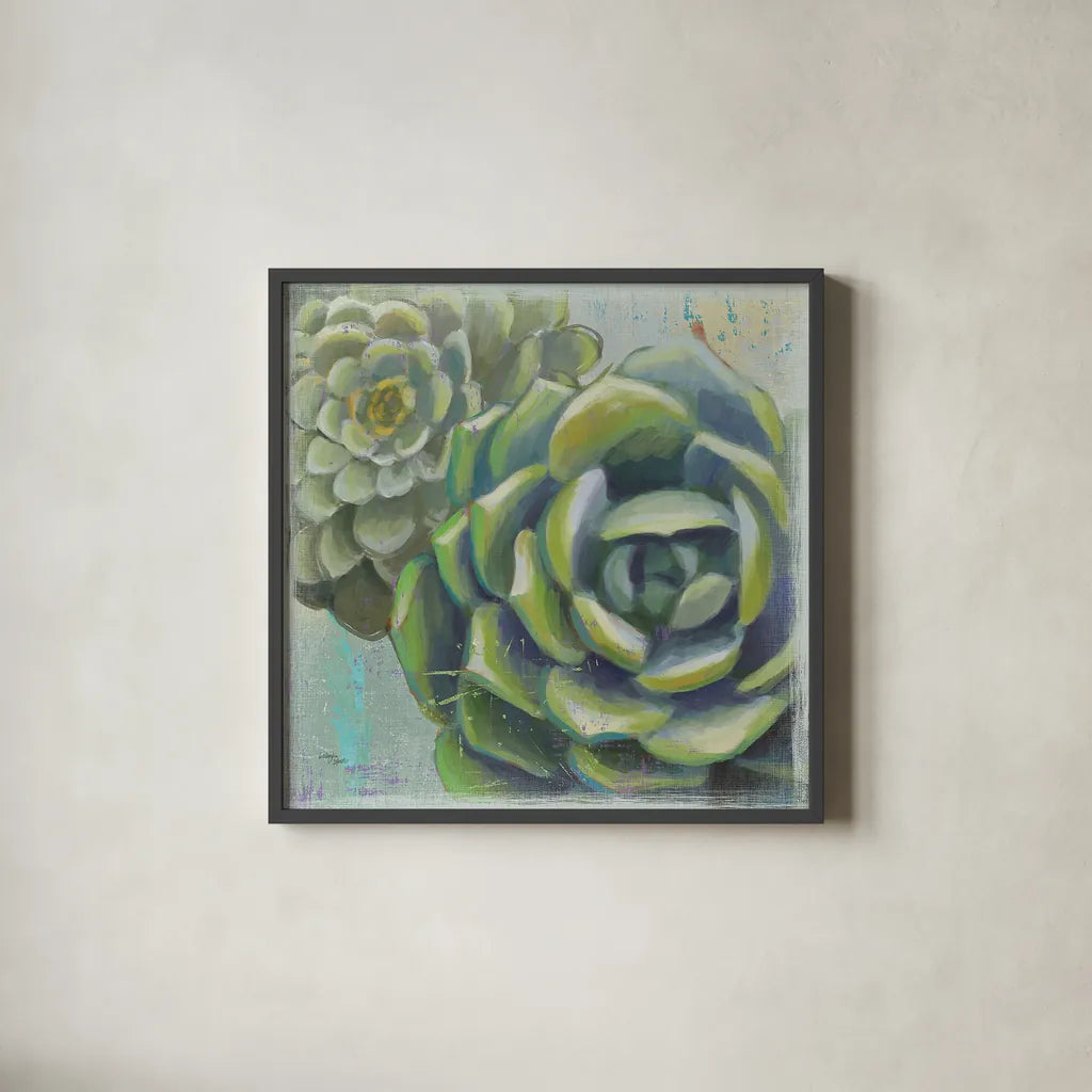 Succulents II by Wellington Studio. Shown in a sleek black glass frame for a contemporary gallery look. Available as an archival giclee rolled canvas, fine art paper, or poster print. SKU 22672a.