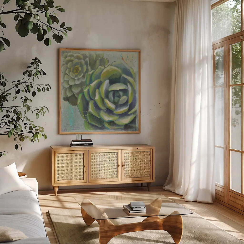 Succulents II by Wellington Studio. Shown in a natural wood frame in a cozy modern living room. Available as an archival giclee rolled canvas, fine art paper, or poster print. SKU 22672a.