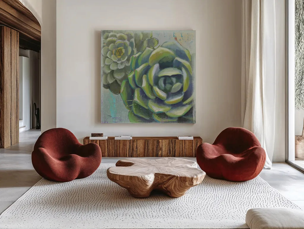 Succulents II by Wellington Studio. Shown as extra-large giant wall art in a modern living room. Available as an archival giclee rolled canvas, fine art paper, or poster print. SKU 22672a.