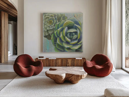 Succulents II by Wellington Studio. Shown as extra-large giant wall art in a modern living room. Available as an archival giclee rolled canvas, fine art paper, or poster print. SKU 22672a.