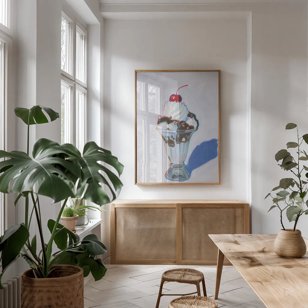 Sundae by Wellington Studio. shown as a print in a natural wood frame in a dining room. Available as a archival giclee rolled canvas, fine art paper, or poster print. SKU 90652h.