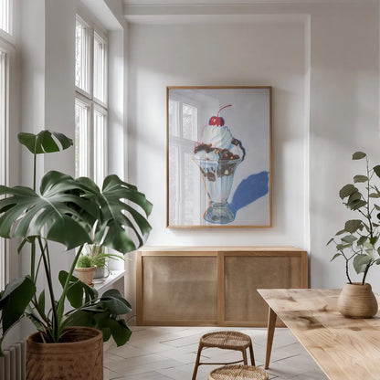Sundae by Wellington Studio. shown as a print in a natural wood frame in a dining room. Available as a archival giclee rolled canvas, fine art paper, or poster print. SKU 90652h.
