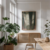 Sunlit Forest I by Wellington Studio. shown as a print in a natural wood frame in a dining room. Available as a archival giclee rolled canvas, fine art paper, or poster print. SKU 86292h.