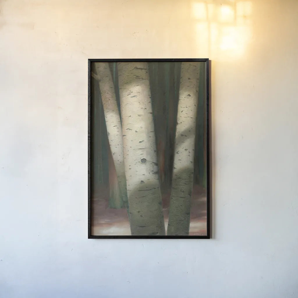 Sunlit Forest I by Wellington Studio. shown as a paper print in a black flame. Available as a archival giclee rolled canvas, fine art paper, or poster print. SKU 86292h.