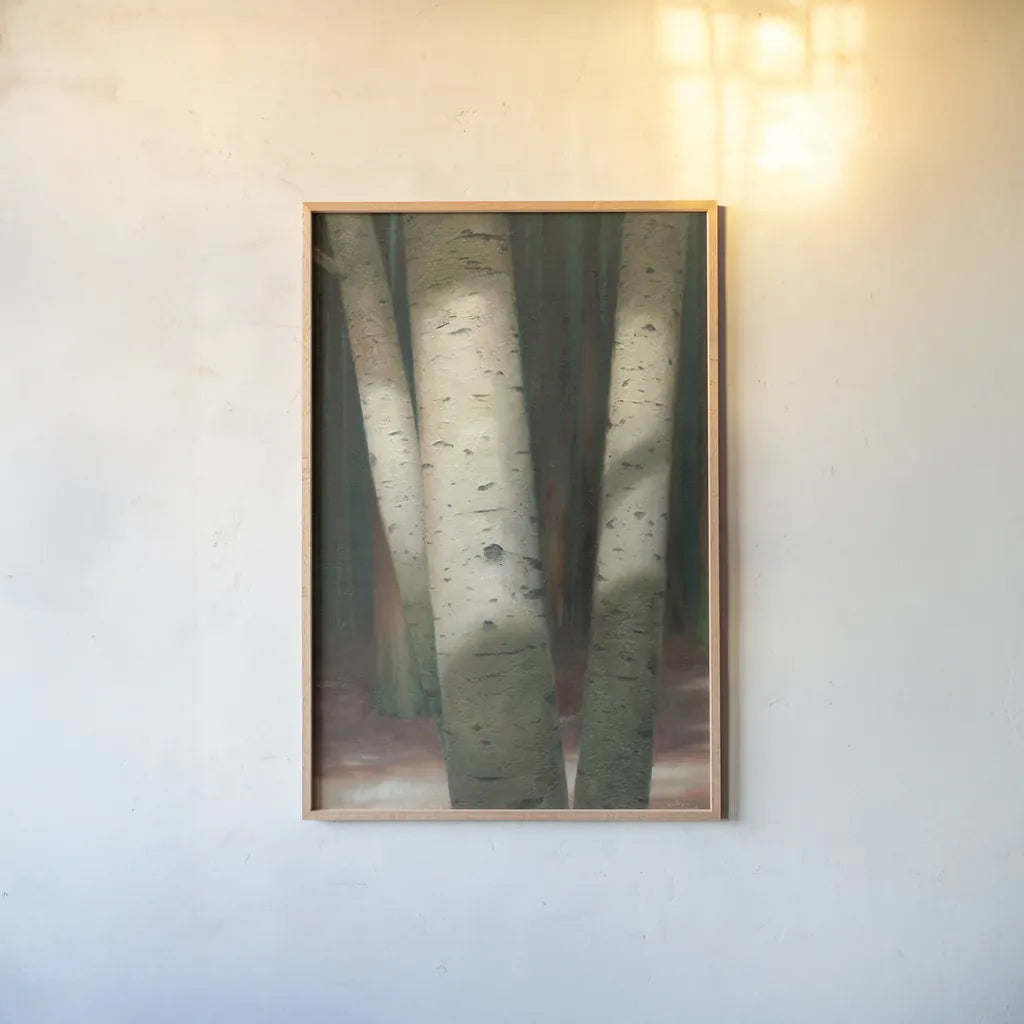 Sunlit Forest I by Wellington Studio. shown as a paper print in a natural frame. Available as a archival giclee rolled canvas, fine art paper, or poster print. SKU 86292h.