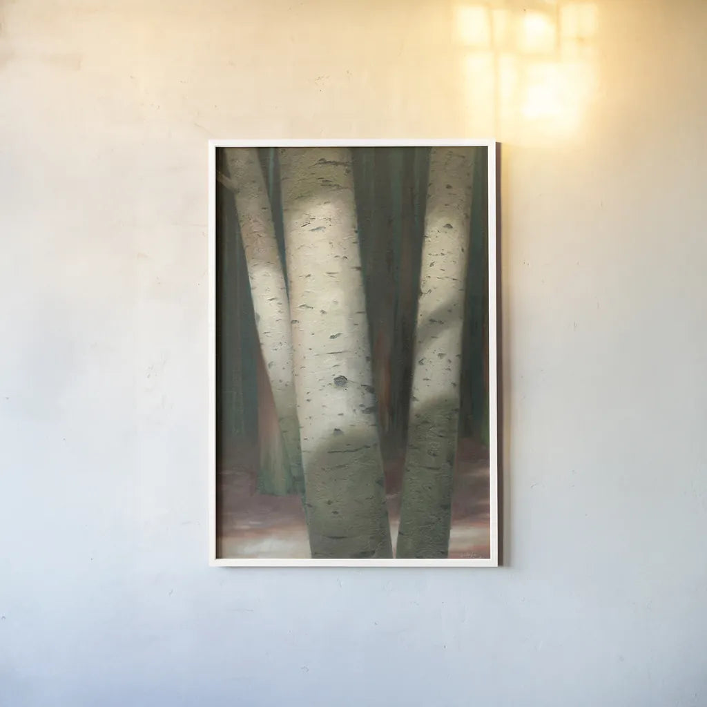Sunlit Forest I by Wellington Studio. shown as a paper print in a white frame. Available as a archival giclee rolled canvas, fine art paper, or poster print. SKU 86292h.