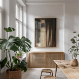 Sunlit Forest II by Wellington Studio. shown as a print in a natural wood frame in a dining room. Available as a archival giclee rolled canvas, fine art paper, or poster print. SKU 86293h.