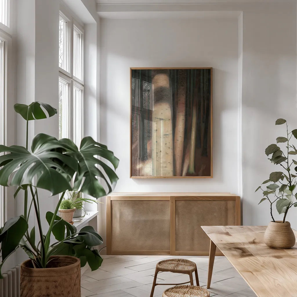 Sunlit Forest II by Wellington Studio. shown as a print in a natural wood frame in a dining room. Available as a archival giclee rolled canvas, fine art paper, or poster print. SKU 86293h.