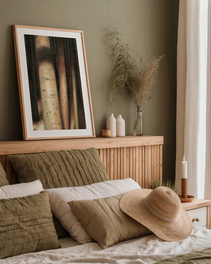 Sunlit Forest II by Wellington Studio. shown as a paper print in a natural frame. Available as a archival giclee rolled canvas, fine art paper, or poster print. SKU 86293h.