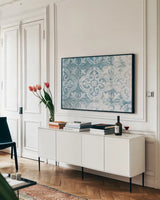 Textures V by Wellington Studio. shown as a framed stretched canvas in a living room above a console. Available as a archival giclee rolled canvas, fine art paper, or poster print. SKU 86884i.