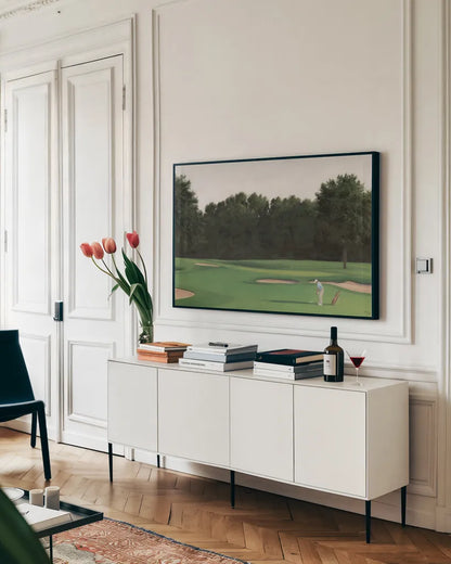 The Fairway II by Wellington Studio. shown as a framed stretched canvas in a living room above a console. Available as a archival giclee rolled canvas, fine art paper, or poster print. SKU 99417i.