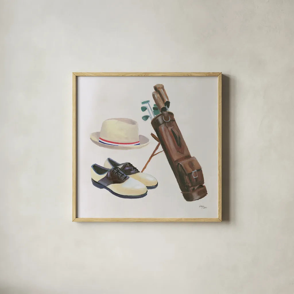 The Fairway III by Wellington Studio. Shown in a natural wood glass frame for a timeless modern aesthetic. Available as an archival giclee rolled canvas, fine art paper, or poster print. SKU 99418a.