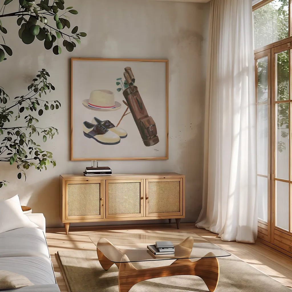 The Fairway III by Wellington Studio. Shown in a natural wood frame in a cozy modern living room. Available as an archival giclee rolled canvas, fine art paper, or poster print. SKU 99418a.