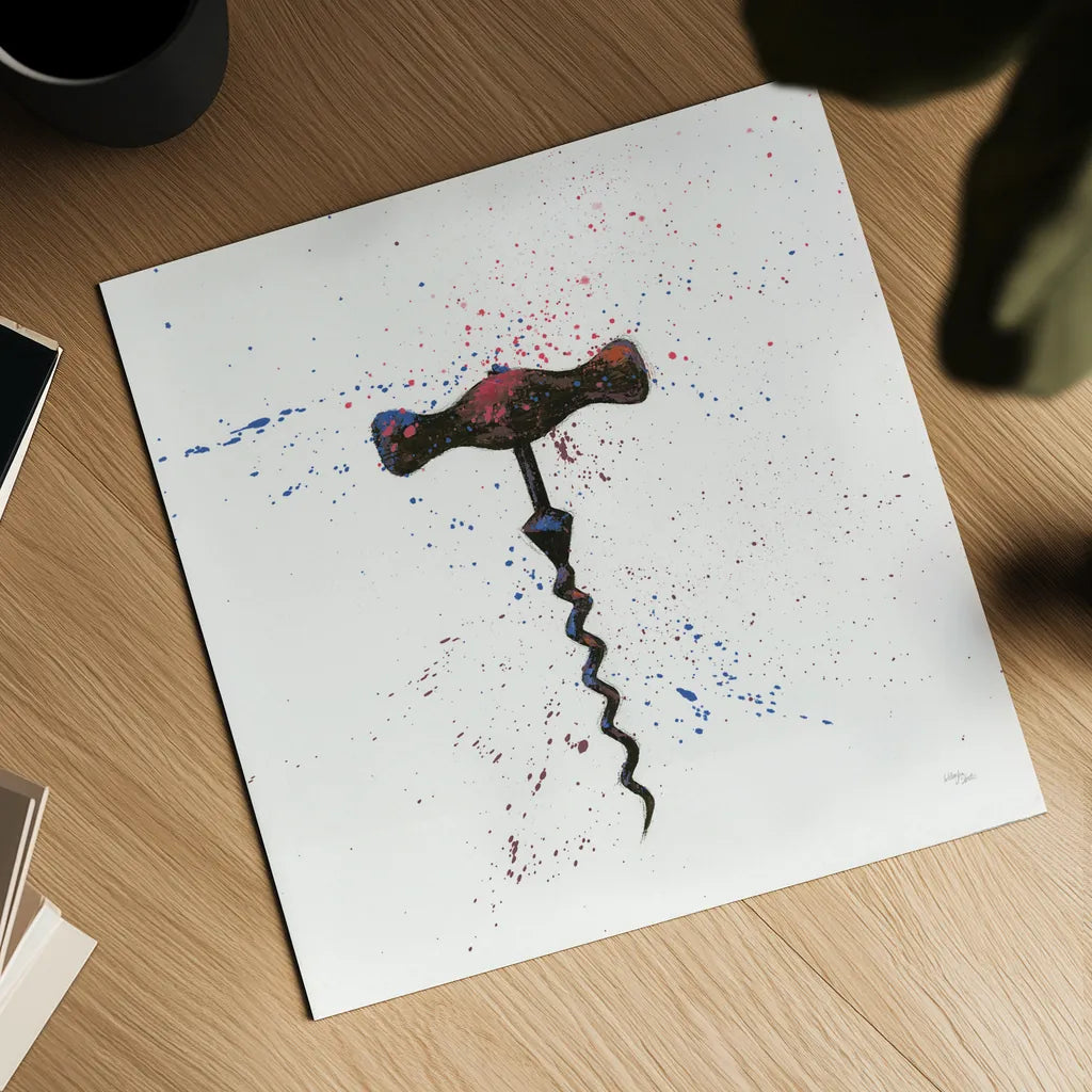Wine Splash Corkscrew I by Wellington Studio. Shown as a detailed flat fine art print, highlighting archival giclee quality. Available as an archival giclee rolled canvas, fine art paper, or poster print. SKU 36324a.