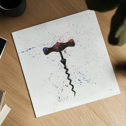 Wine Splash Corkscrew I by Wellington Studio. Shown as a detailed flat fine art print, highlighting archival giclee quality. Available as an archival giclee rolled canvas, fine art paper, or poster print. SKU 36324a.