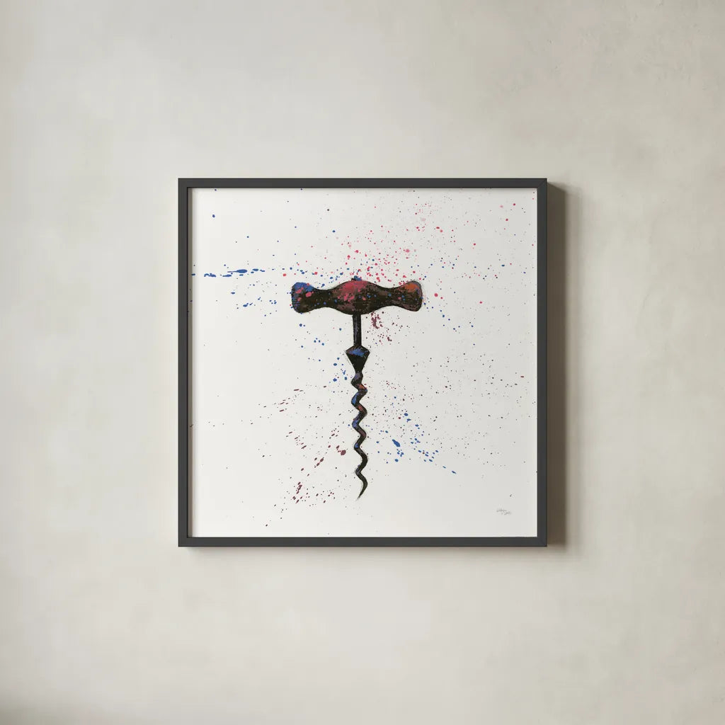 Wine Splash Corkscrew I by Wellington Studio. Shown in a sleek black glass frame for a contemporary gallery look. Available as an archival giclee rolled canvas, fine art paper, or poster print. SKU 36324a.