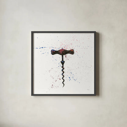Wine Splash Corkscrew I by Wellington Studio. Shown in a sleek black glass frame for a contemporary gallery look. Available as an archival giclee rolled canvas, fine art paper, or poster print. SKU 36324a.