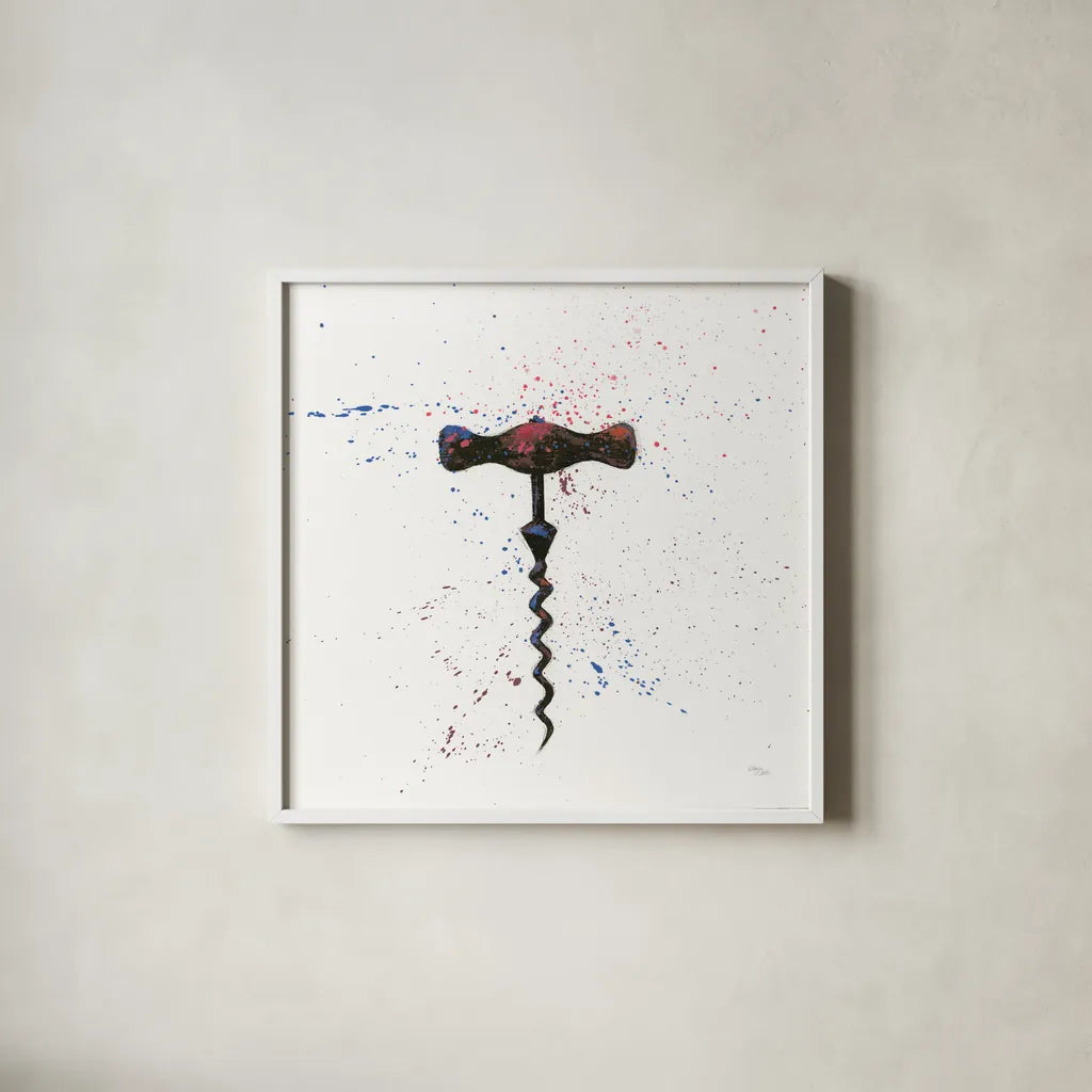 Wine Splash Corkscrew I by Wellington Studio. Shown in a crisp white glass frame for a clean and minimalist style. Available as an archival giclee rolled canvas, fine art paper, or poster print. SKU 36324a.