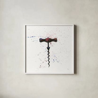 Wine Splash Corkscrew I by Wellington Studio. Shown in a crisp white glass frame for a clean and minimalist style. Available as an archival giclee rolled canvas, fine art paper, or poster print. SKU 36324a.