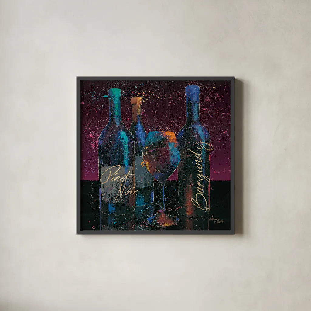Wine Splash Dark II by Wellington Studio. Shown in a sleek black glass frame for a contemporary gallery look. Available as an archival giclee rolled canvas, fine art paper, or poster print. SKU 20173a.