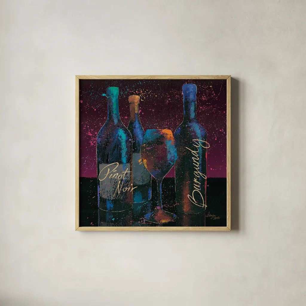 Wine Splash Dark II by Wellington Studio. Shown in a natural wood glass frame for a timeless modern aesthetic. Available as an archival giclee rolled canvas, fine art paper, or poster print. SKU 20173a.