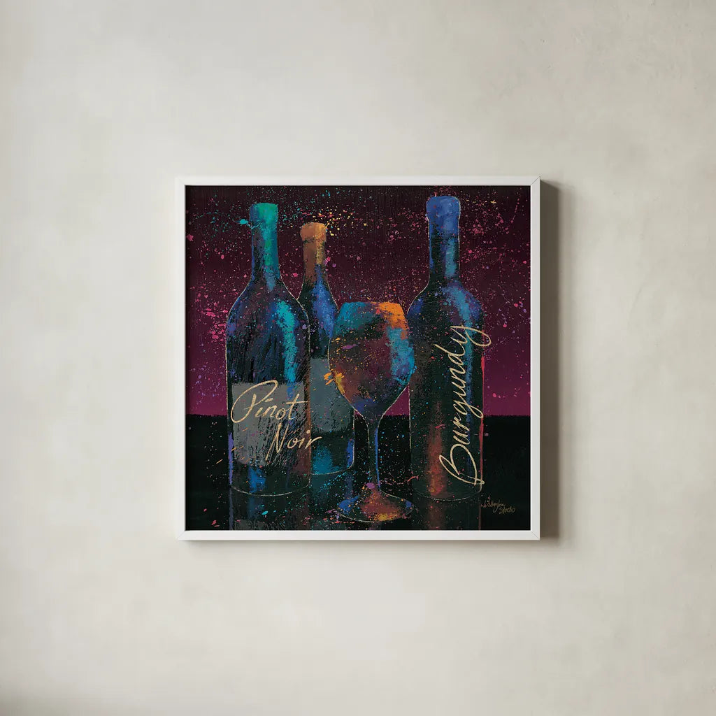 Wine Splash Dark II by Wellington Studio. Shown in a crisp white glass frame for a clean and minimalist style. Available as an archival giclee rolled canvas, fine art paper, or poster print. SKU 20173a.