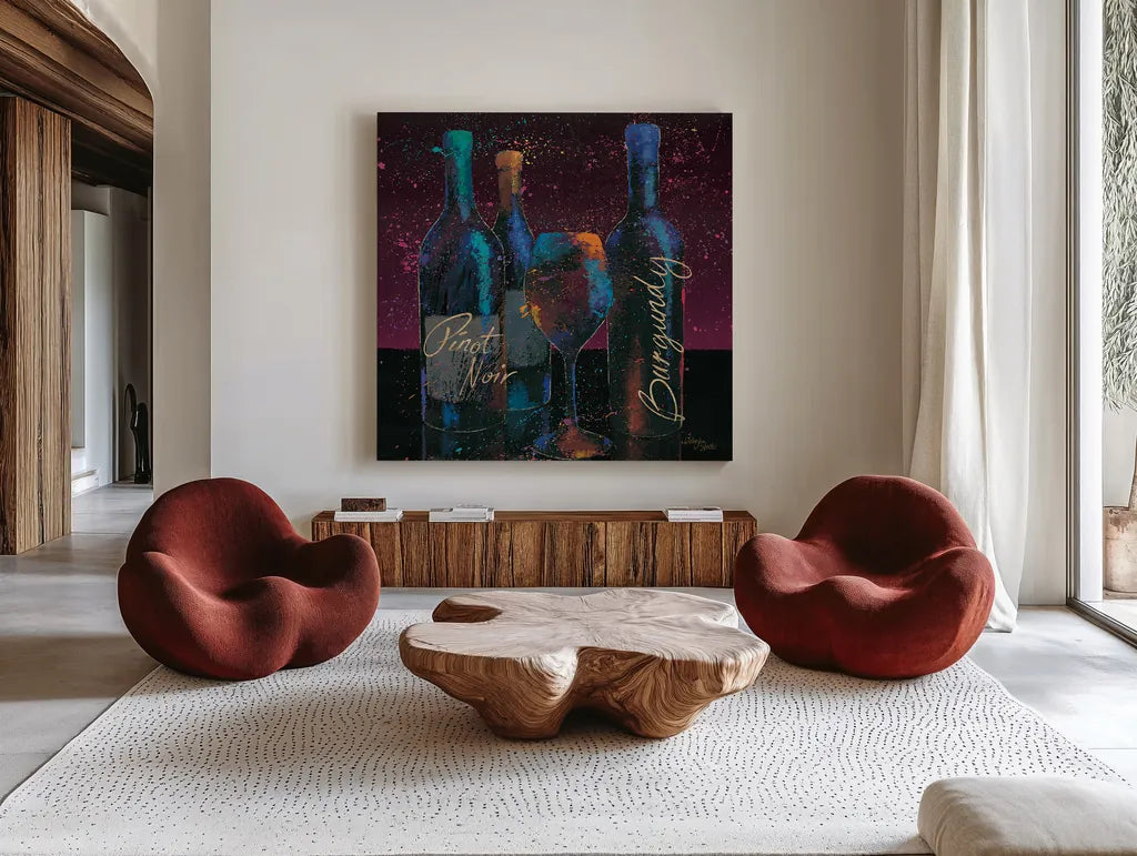Wine Splash Dark II by Wellington Studio. Shown as extra-large giant wall art in a modern living room. Available as an archival giclee rolled canvas, fine art paper, or poster print. SKU 20173a.