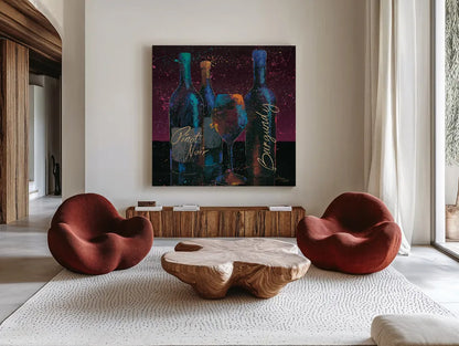 Wine Splash Dark II by Wellington Studio. Shown as extra-large giant wall art in a modern living room. Available as an archival giclee rolled canvas, fine art paper, or poster print. SKU 20173a.