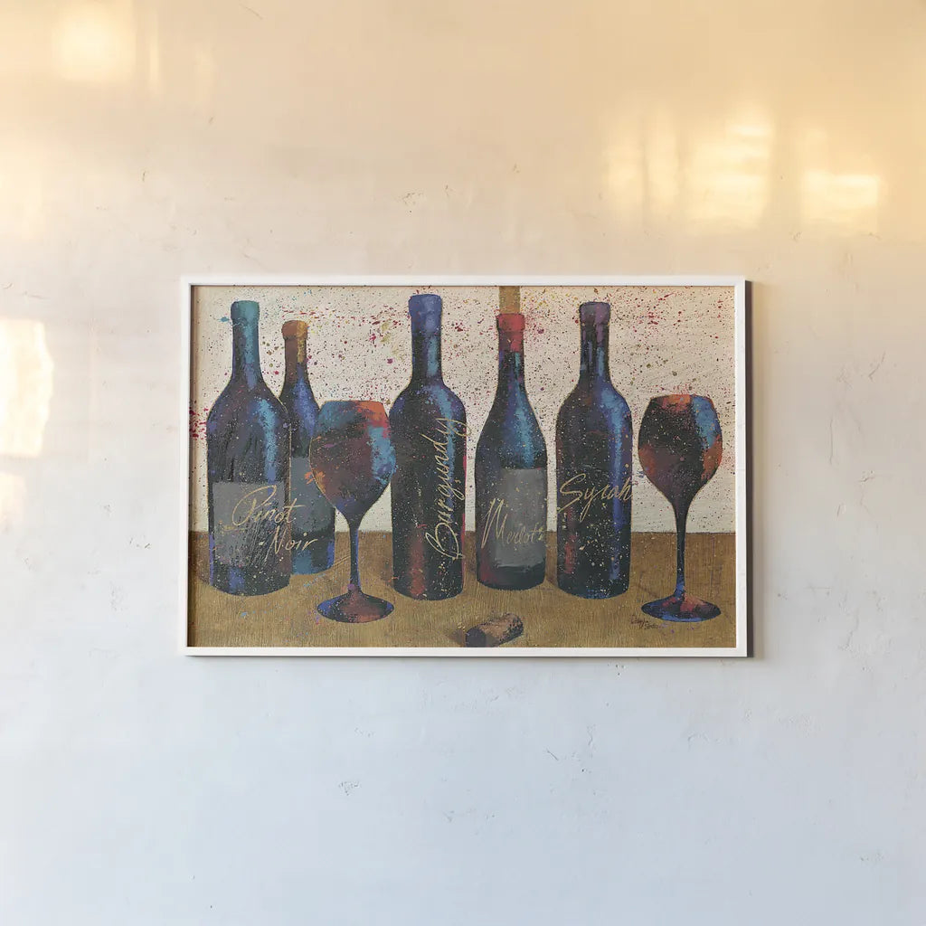 Wine Splash Light I by Wellington Studio. shown as a paper print in a white frame. Available as a archival giclee rolled canvas, fine art paper, or poster print. SKU 17226i.