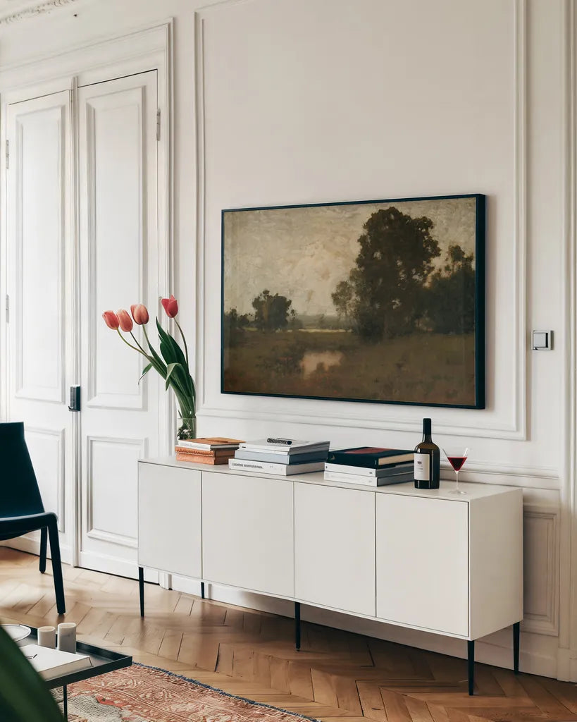 A Pool in The Meadow by Wild Apple Portfolio. shown as a framed stretched canvas in a living room above a console. Available as a archival giclee rolled canvas, fine art paper, or poster print. SKU 102011i.