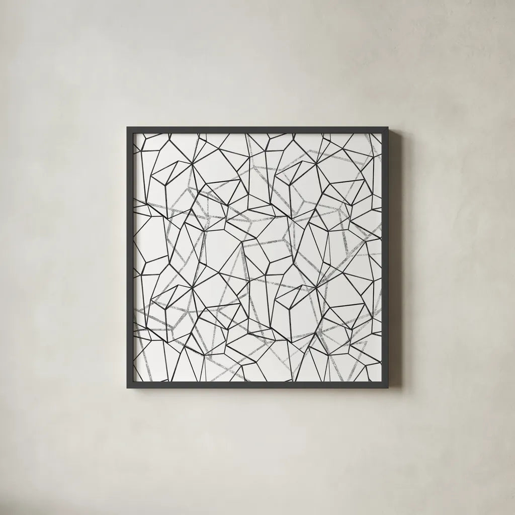 Across Geometrics Silver Crop by Wild Apple Portfolio. Shown in a sleek black glass frame for a contemporary gallery look. Available as an archival giclee rolled canvas, fine art paper, or poster print. SKU 75530a.