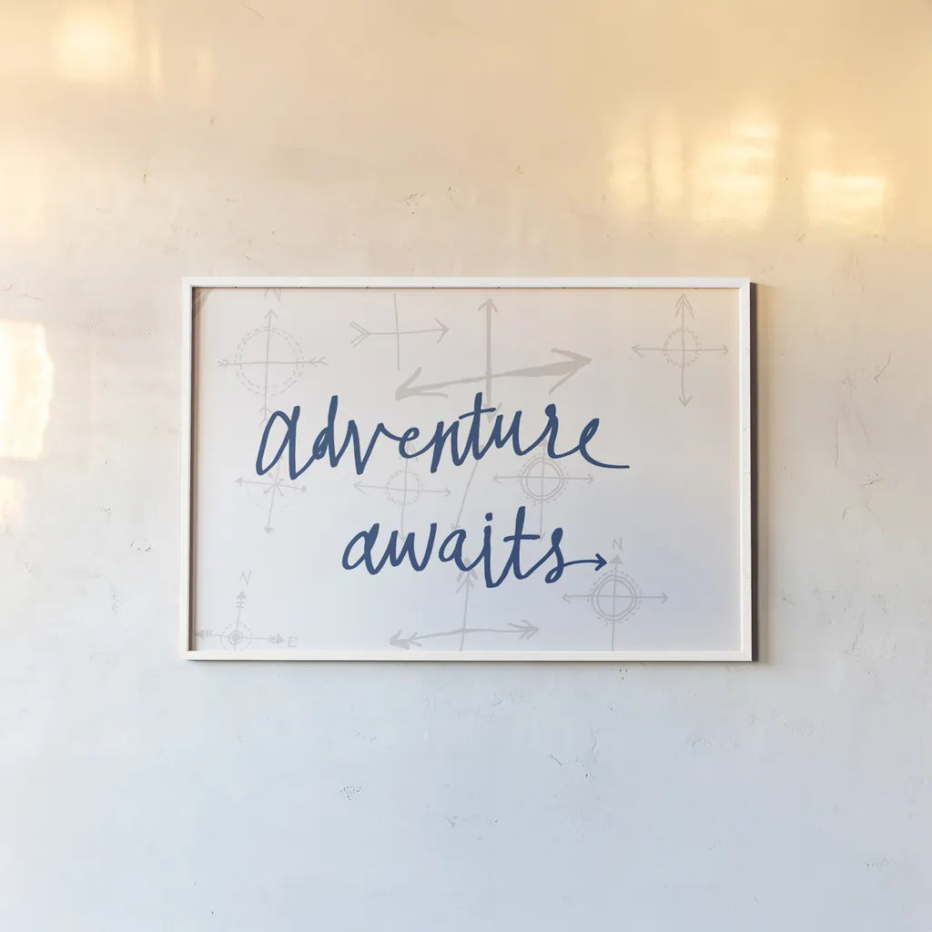 Adventure Awaits v2 by Wild Apple Portfolio. shown as a paper print in a white frame. Available as a archival giclee rolled canvas, fine art paper, or poster print. SKU 37423i.
