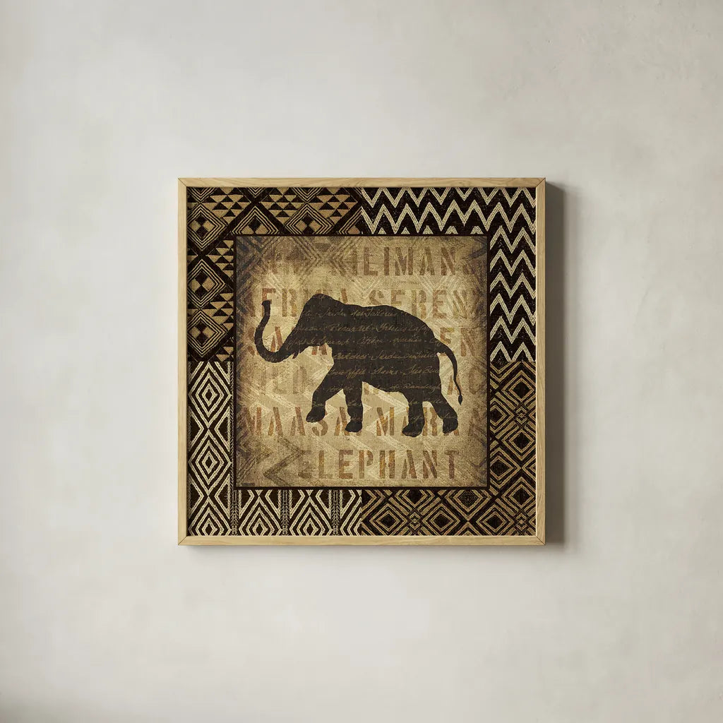African Wild Elephant Border by Wild Apple Portfolio. Shown in a natural wood glass frame for a timeless modern aesthetic. Available as an archival giclee rolled canvas, fine art paper, or poster print. SKU 16466a.