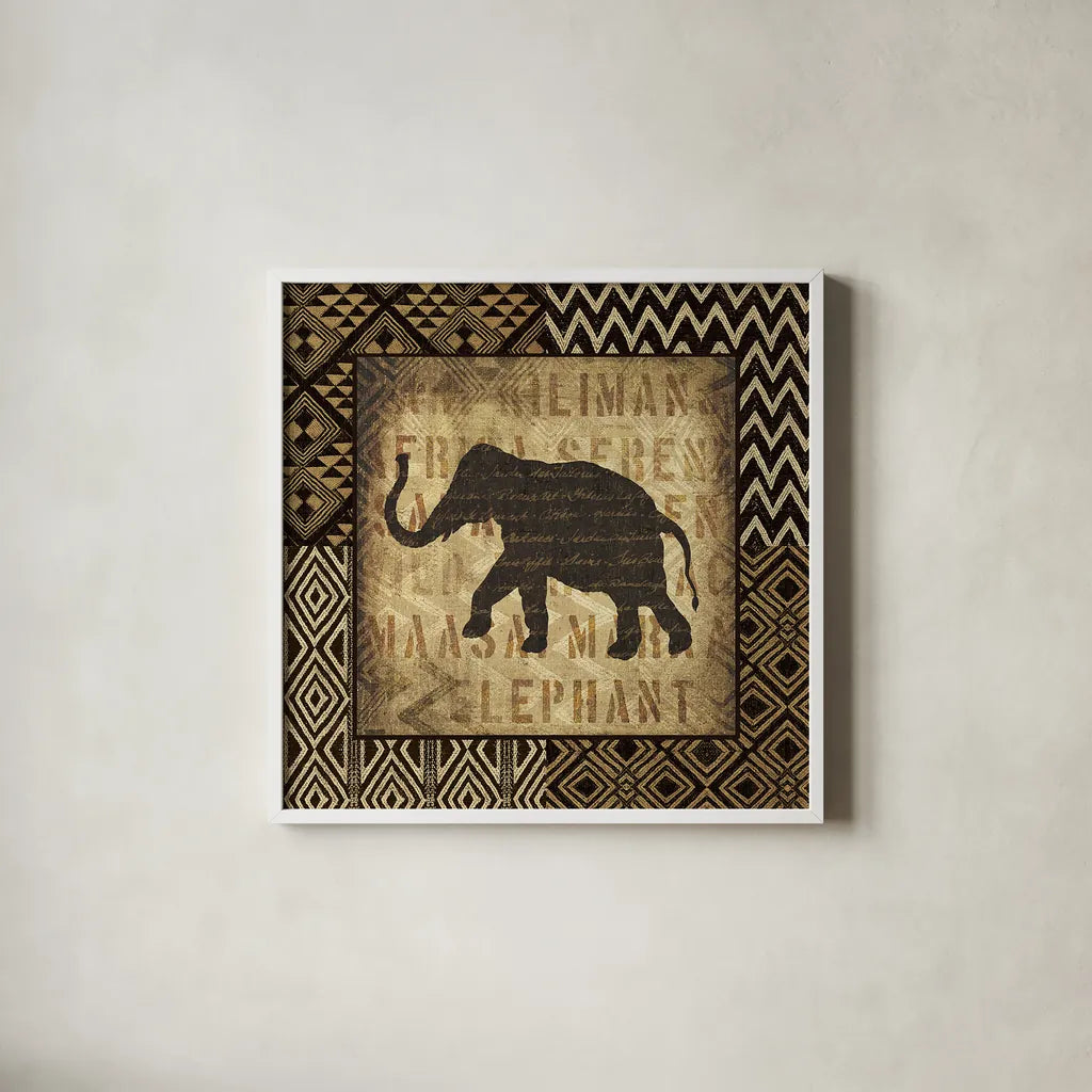 African Wild Elephant Border by Wild Apple Portfolio. Shown in a crisp white glass frame for a clean and minimalist style. Available as an archival giclee rolled canvas, fine art paper, or poster print. SKU 16466a.