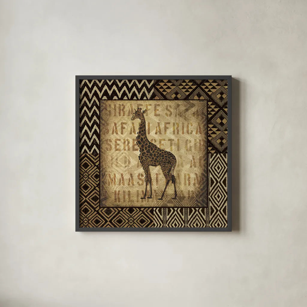 African Wild Giraffe Border by Wild Apple Portfolio. Shown in a sleek black glass frame for a contemporary gallery look. Available as an archival giclee rolled canvas, fine art paper, or poster print. SKU 16468a.
