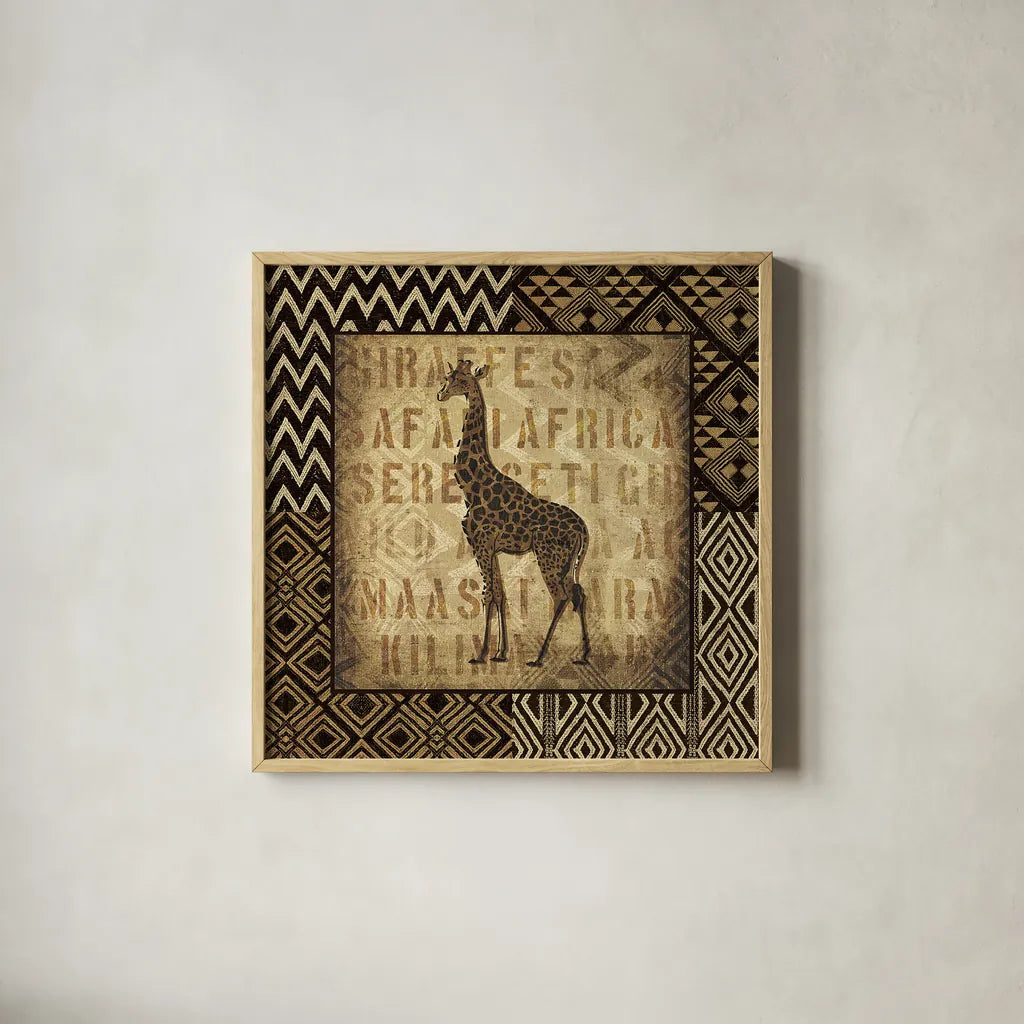 African Wild Giraffe Border by Wild Apple Portfolio. Shown in a natural wood glass frame for a timeless modern aesthetic. Available as an archival giclee rolled canvas, fine art paper, or poster print. SKU 16468a.